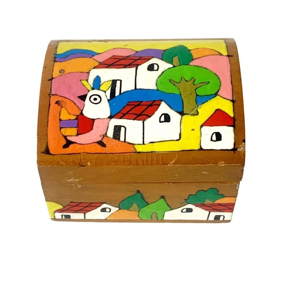 Mexican Guerrero Carved Wooden Trinket Box With Leather Hinges